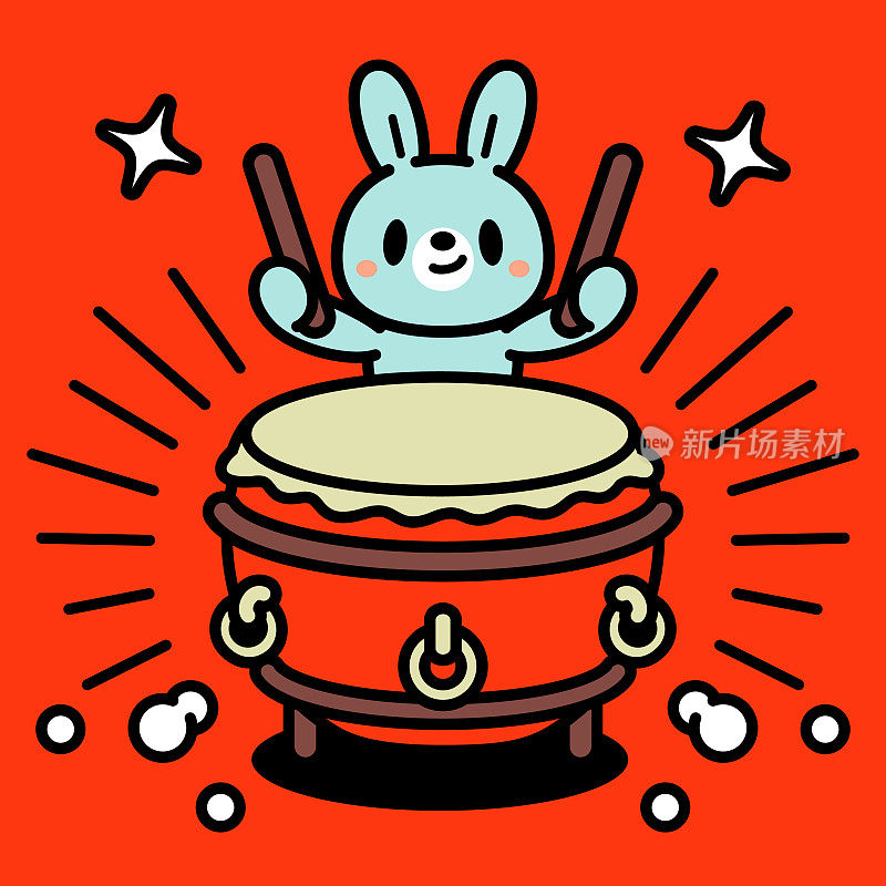 一只可爱的兔子正在打传统的中国鼓，中国低音鼓