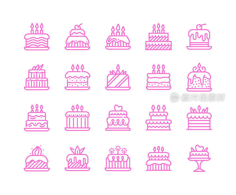 生日蛋糕线图标集。糖果，糖，巧克力，面包店，派对。