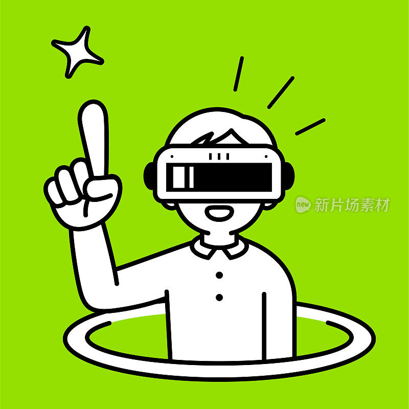 一个戴着虚拟现实耳机或VR眼镜的男孩从虚拟的洞里跳出来，进入了虚拟世界，他的手指向上指向，极简风格，黑白轮廓