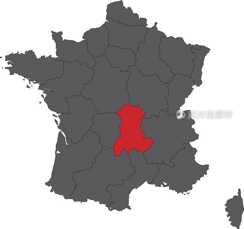 红色的奥弗涅在灰色的法国地图矢量