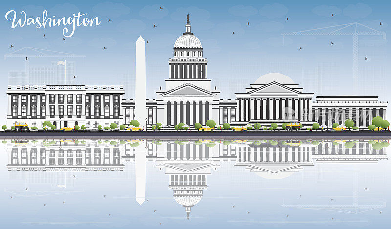 华盛顿特区的天际线，灰色的建筑，蓝天和反射