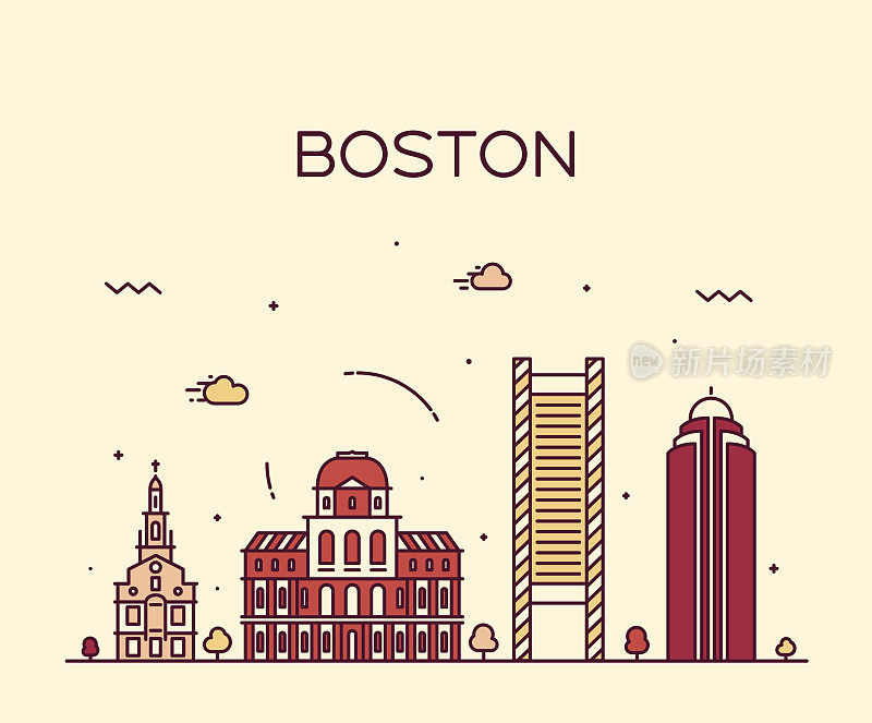 波士顿天际线时尚矢量插图线性