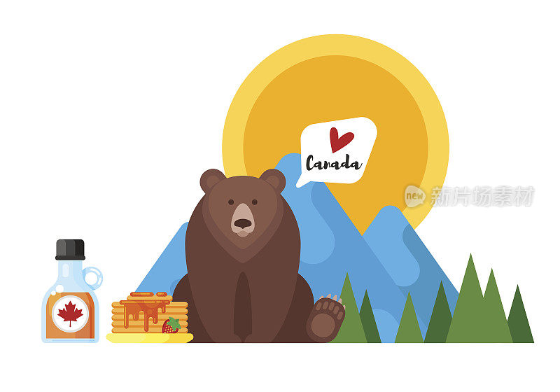 矢量平面风格的插图加拿大枫糖浆和熊。