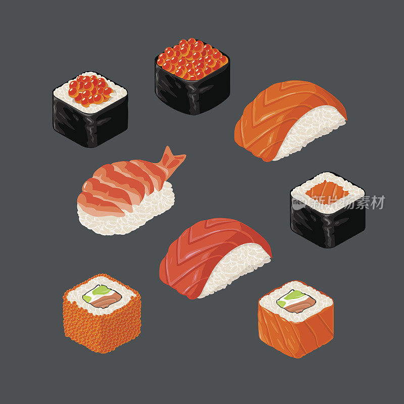 寿司卷。孤立在黑暗背景。矢量平面彩色插图