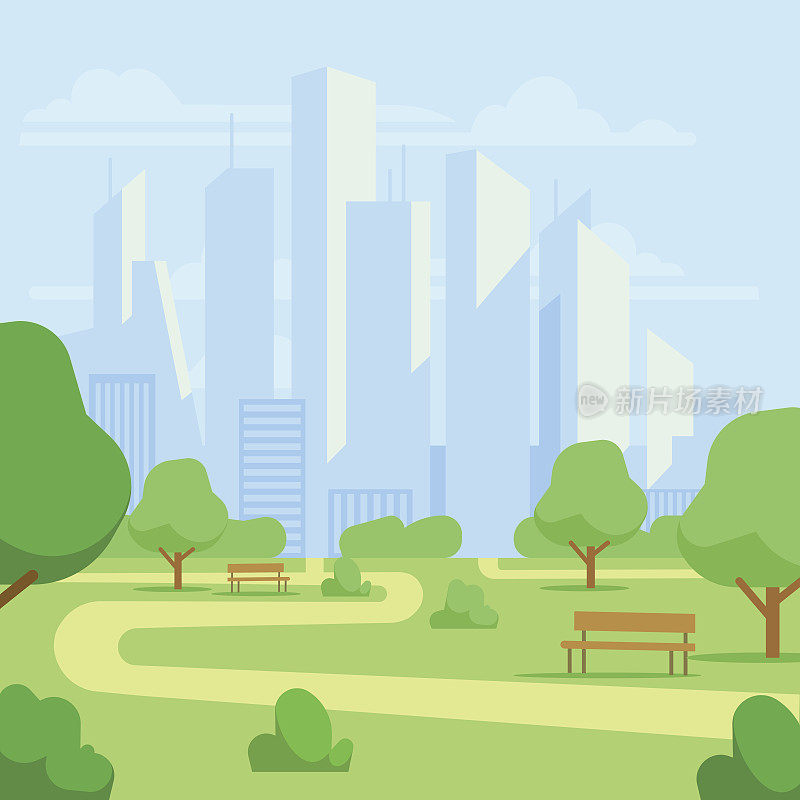 卡通公共城市公园与摩天大楼城市景观矢量插图