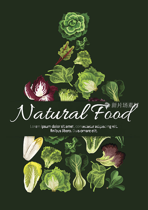 绿叶沙拉蔬菜的天然食品海报