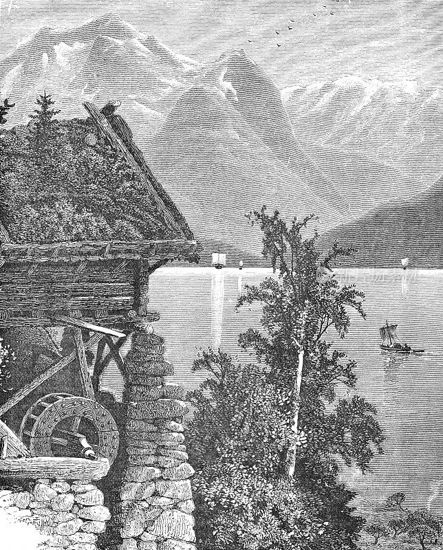 19世纪的文章插画描绘了一个山顶的景象，一个建筑设置在一个湖与水车;分散种子1892