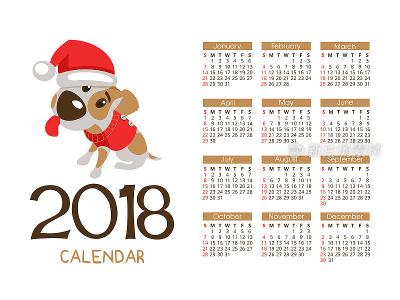 2018年圣诞日历。矢量文件。狗是这一年的象征。有趣的狗杰克罗素梗12