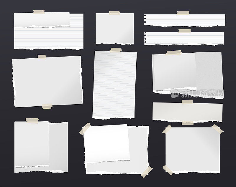 白色撕破的笔记本纸，用胶带粘在黑色背景上的文字或信息。