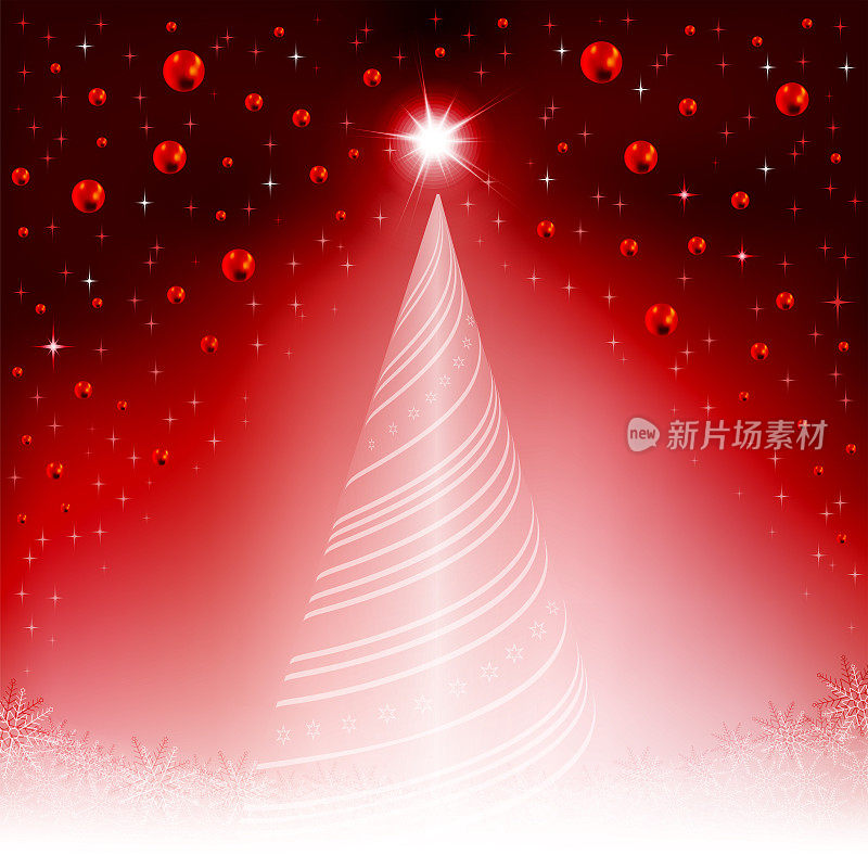 圣诞节的红色背景有一棵圣诞树和许多红色的球
