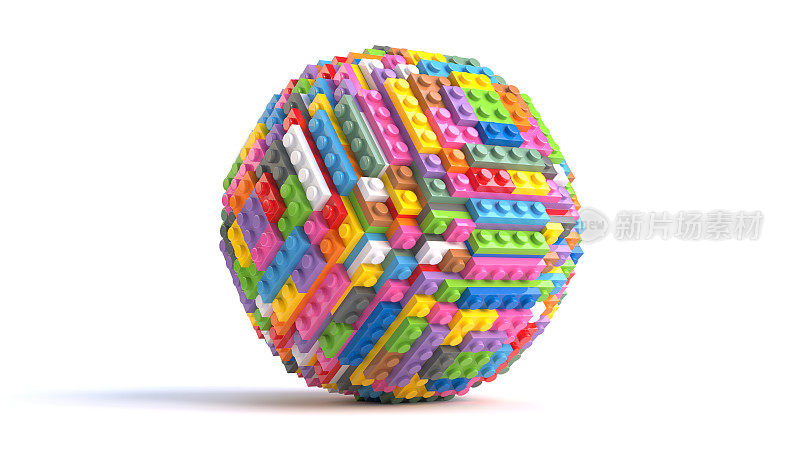 用彩色玩具积木做成的球体。三维渲染