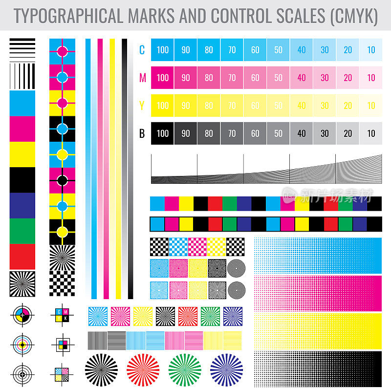 CMYK印刷机打印标志和颜色色调梯度条打印机测试矢量集