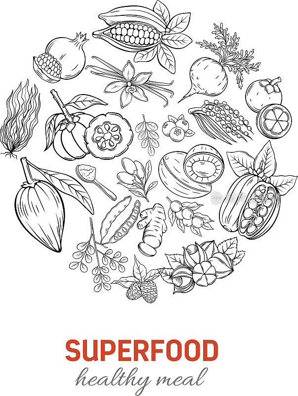 矢量手绘制超级食物圆形海报。