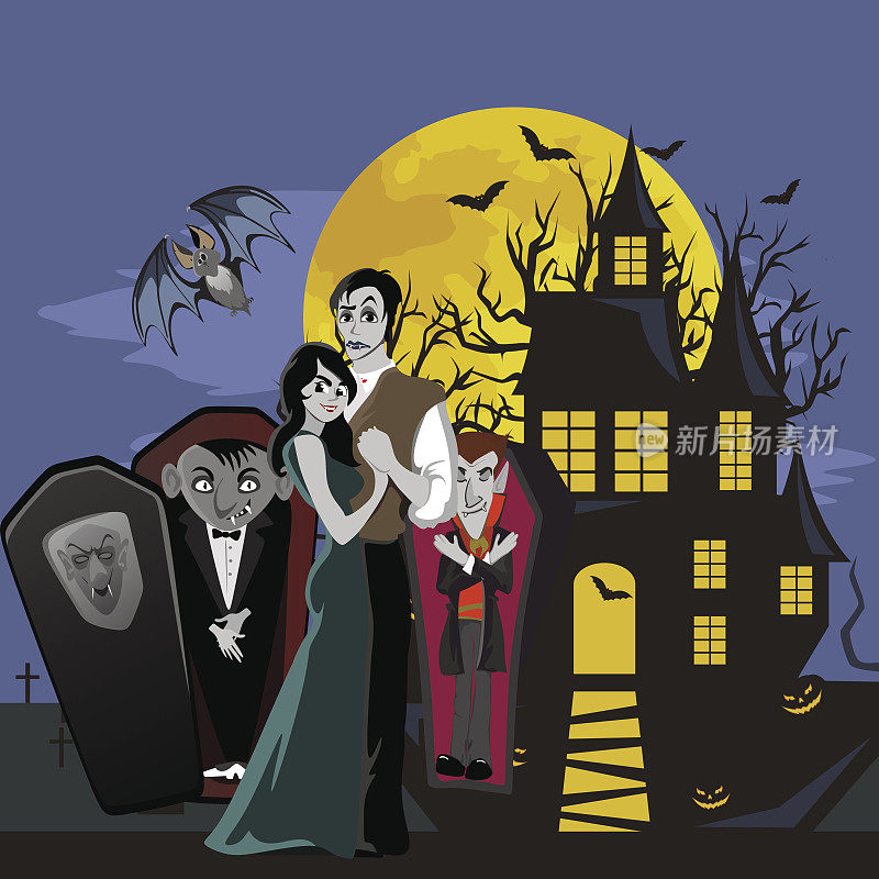 万圣节哥特式派对与吸血鬼夫妇，恐怖邀请的有趣背景，吸血鬼的牙齿和尖牙在矢量飞行，白人男人和女人的夜生活海报或横幅插图