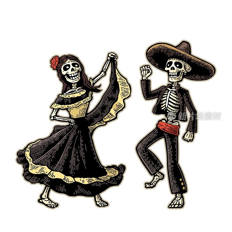 亡灵节，亡灵节。骨架穿着墨西哥民族服装跳舞、唱歌和弹吉他。