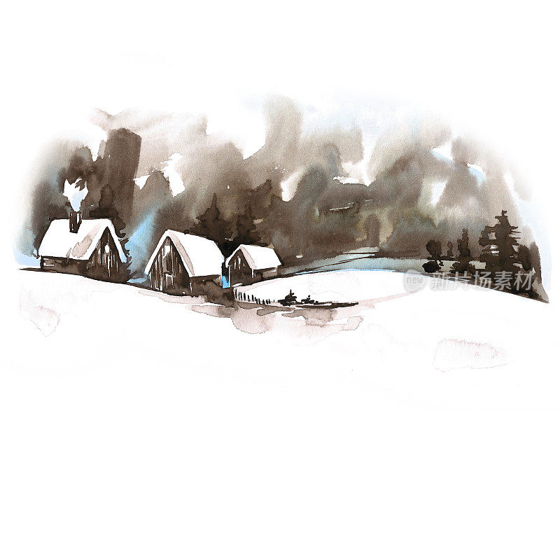 水彩冬季景观。复古圣诞水彩贺卡与舒适的乡村冬季景观。童话森林冬季水彩画插图。