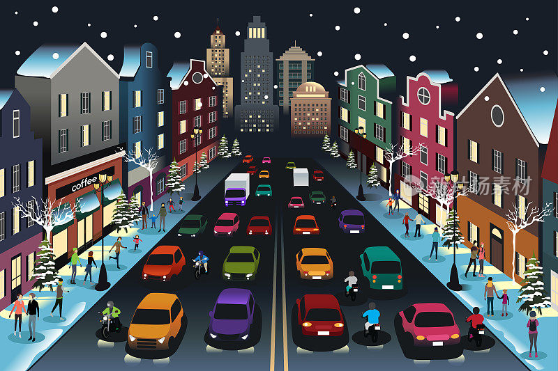 城市场景与交通在夜晚插图