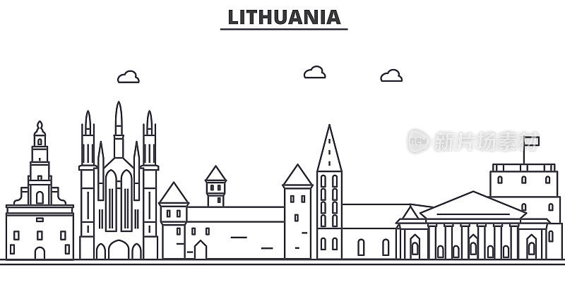立陶宛建筑线天际线插图。线性向量的城市景观与著名的地标，城市景观，设计图标。风景与可编辑的笔触
