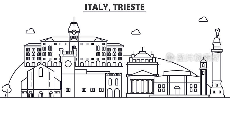 意大利的里雅斯特建筑线天际线插图。线性向量的城市景观与著名的地标，城市景观，设计图标。风景与可编辑的笔触