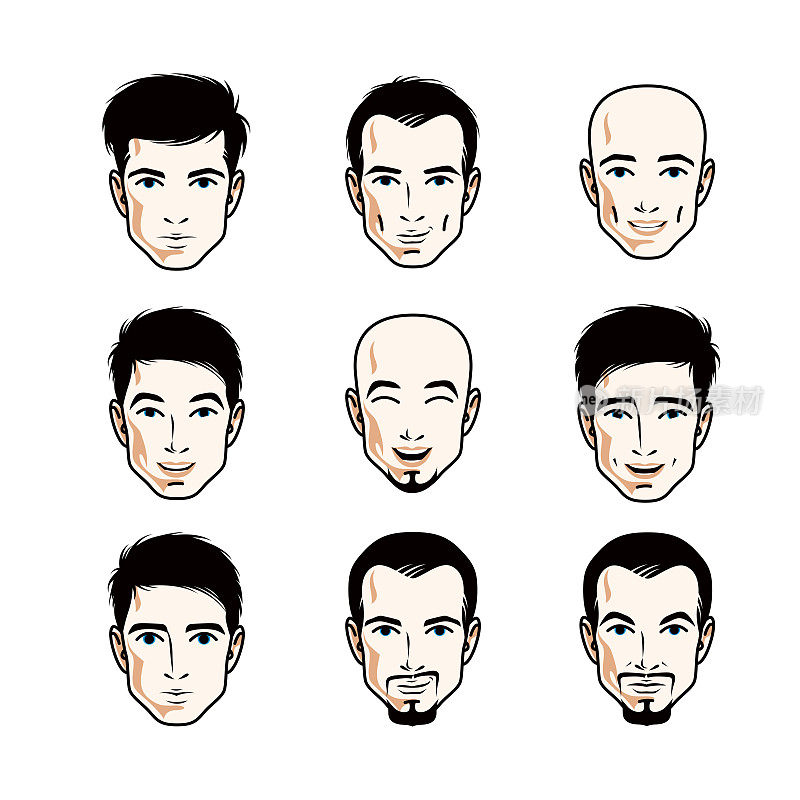 一组人脸，人头。不同的向量字符，如深色，秃顶，有胡子或胡子，英俊的男性。