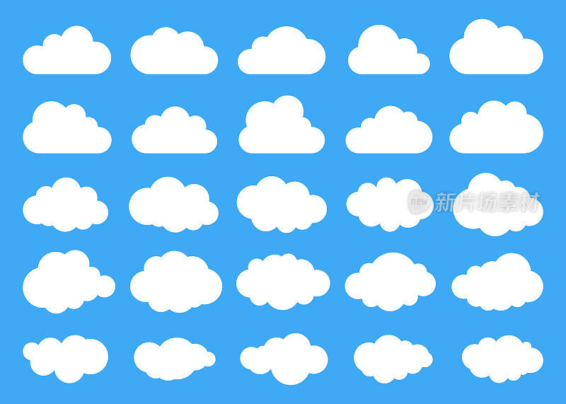 云轮廓。云形状的向量集。收集各种形式和轮廓。为天气预报、web界面或云存储应用程序设计元素