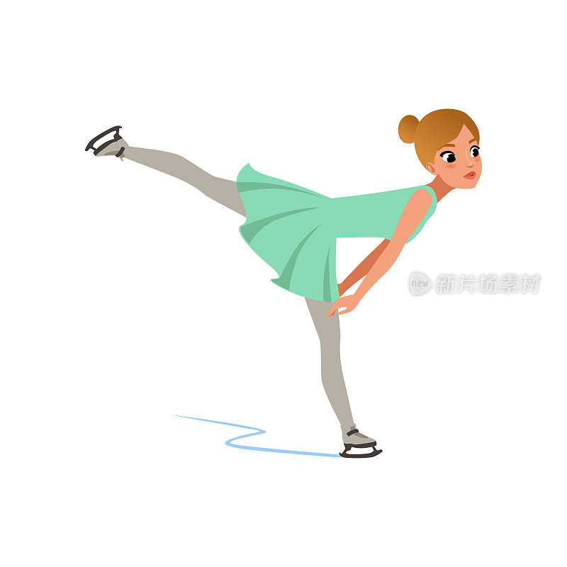 花样滑冰女孩在短连衣裙滑冰，女运动员在室内溜冰场练习矢量插图上的白色背景