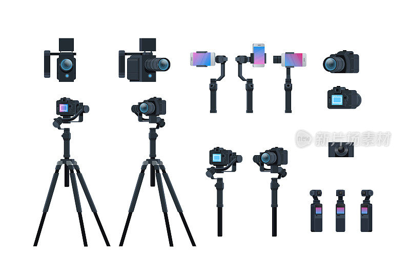集专业摄像设备，电动万向节稳定器，三脚架，金属结构，拍摄电影或视频概念孤立收集水平平面