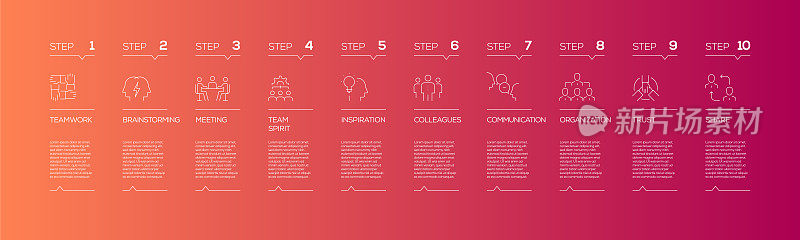 与协作相关的信息图设计模板的图标和10个选项或步骤的流程图，演示文稿，工作流布局，横幅，流程图，信息图。