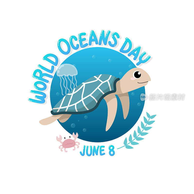 矢量标志为世界海洋日与海龟在海里游泳与水母和螃蟹在圆圈。6月8日是世界海洋日，旨在帮助保护和保护世界海洋和水