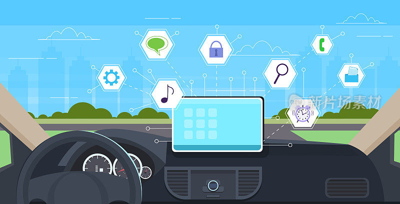 汽车座舱与智能驾驶辅助应用程序汽车电脑辅助菜单板屏幕多媒体概念现代汽车内饰水平