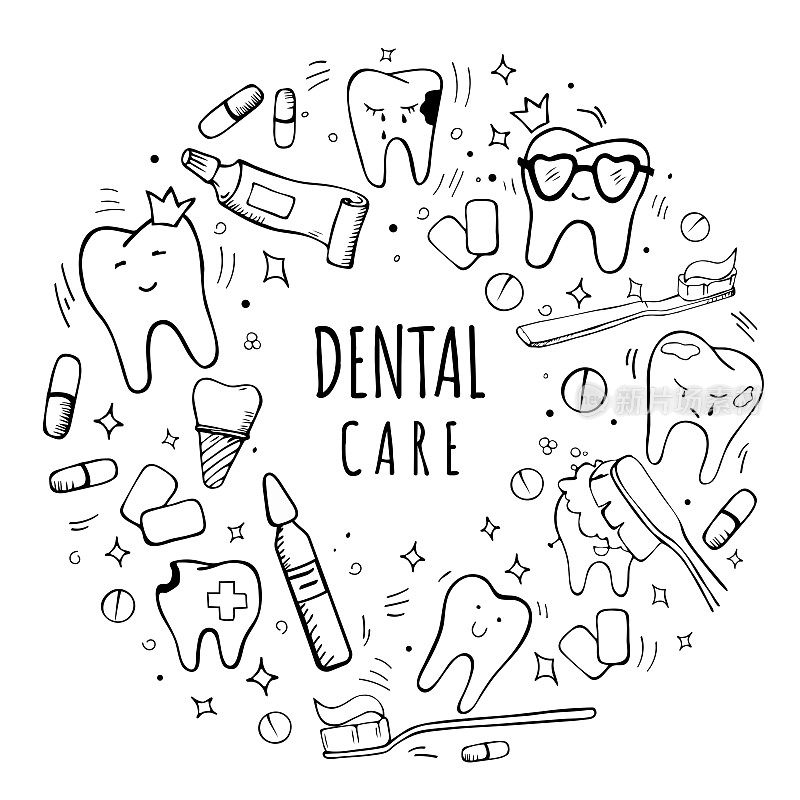 手绘牙科和正畸矢量套装:带牙套的牙齿，种植体，健康牙齿，冲洗器，牙刷，牙膏，漱口水，牙间和正畸刷。牙科护理