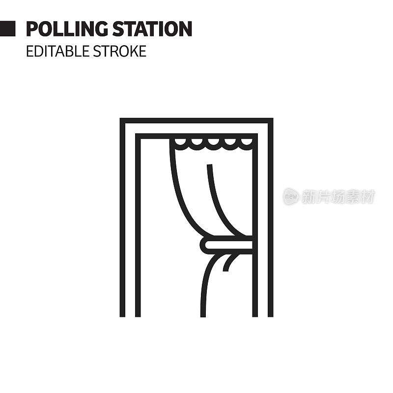 投票站线图标，轮廓向量符号插图。完美像素，可编辑的描边。