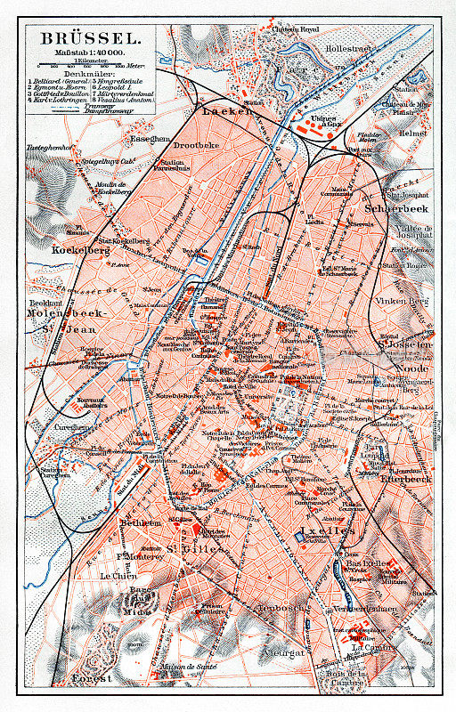 1896年比利时布鲁塞尔地图，带有德国描述