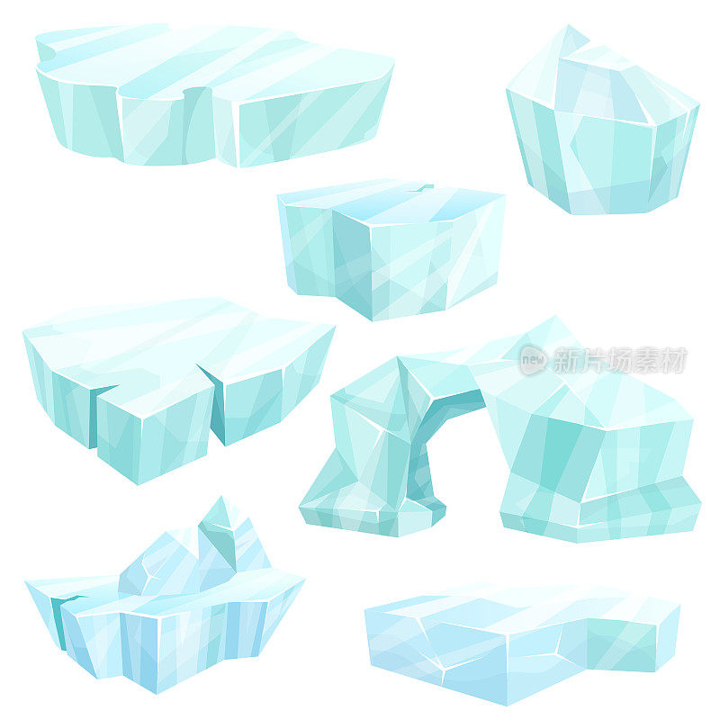 逼真的冰晶，破碎的冰山，冰冷的冰冻冰块，冬季景观的游戏卡通设计。病媒分离在白色背景上。