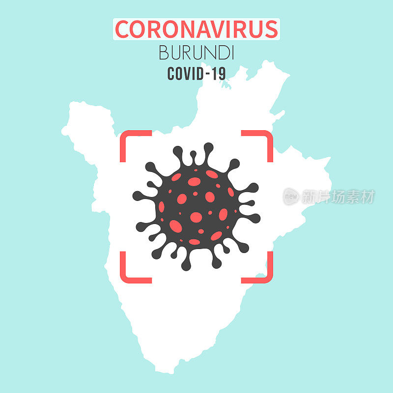 布隆迪地图，红色取景器中有冠状病毒(COVID-19)细胞