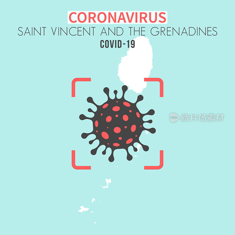 圣文森特和格林纳丁斯地图，红色取景器中有冠状病毒细胞(COVID-19)