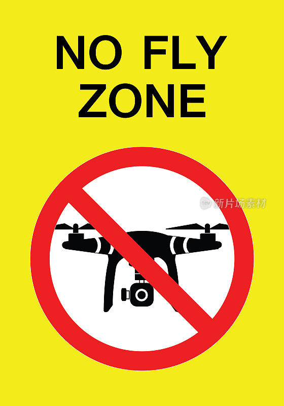 无无人机专区，间谍相机飞行或飞行禁止标志标签矢量插图设计。禁止直升机发射-禁止使用无人驾驶飞机的标志，禁止四旋翼飞机飞行。没有无人机区。