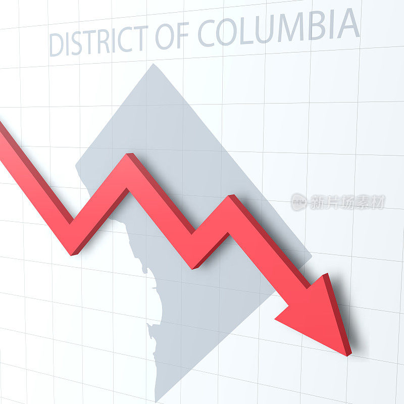 落下的红色箭头，背景是哥伦比亚特区的地图