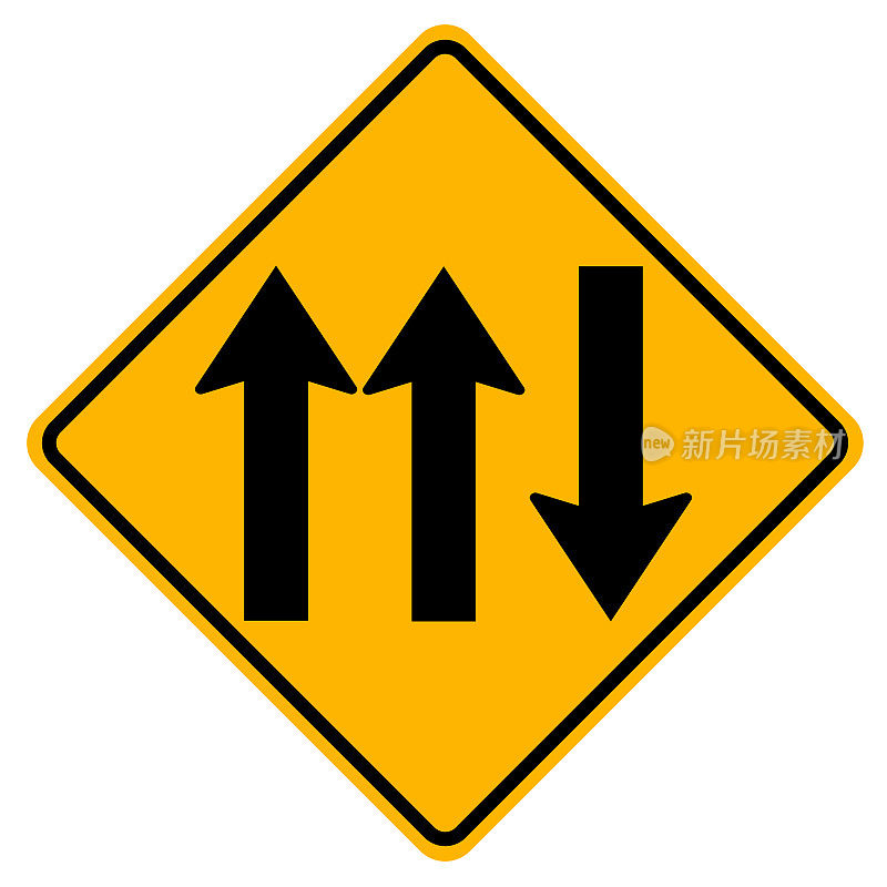 白色背景上的三车道交通道路警告标志