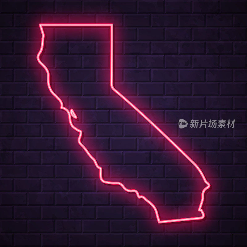 加州地图-砖墙背景上发光的霓虹灯