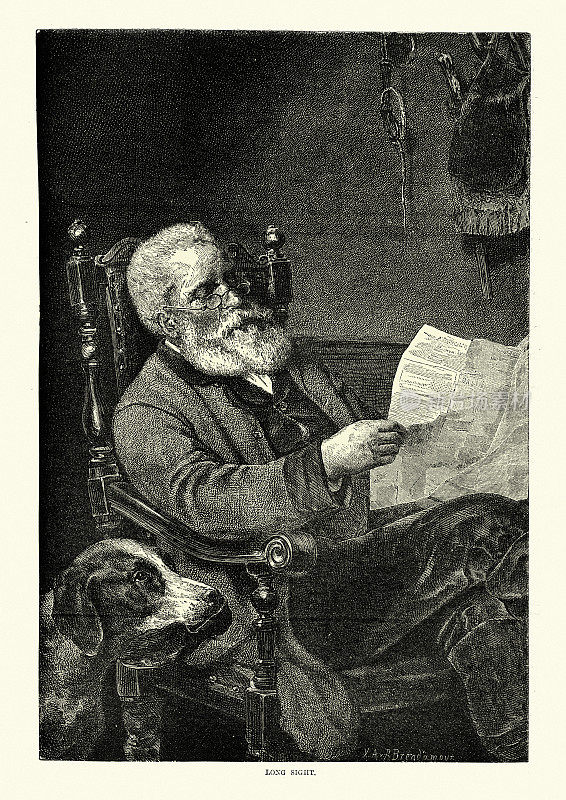 目光长远的老人在读报纸，维多利亚时代的19世纪