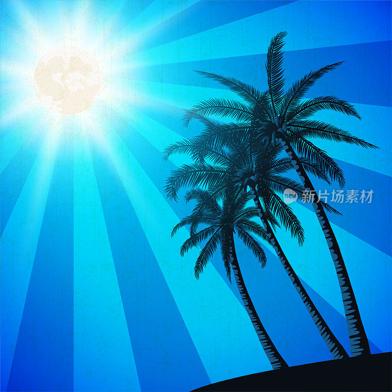 夏日热带日落与棕榈树。复古的背景。