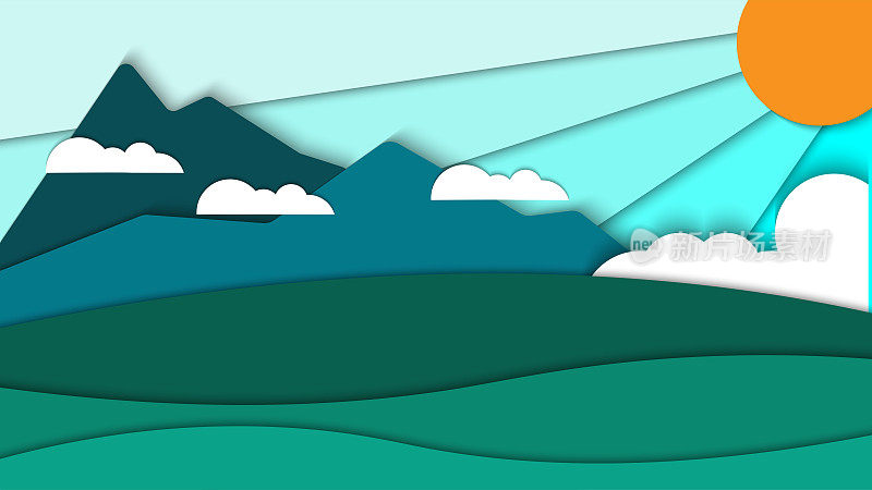 美丽自然的蓝山山水纸艺术风格以云为背景矢量插画，山水图案