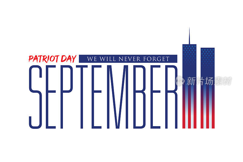 爱国者日矢量插图，911纪念，美国国旗飘扬在蓝色背景。股票插图