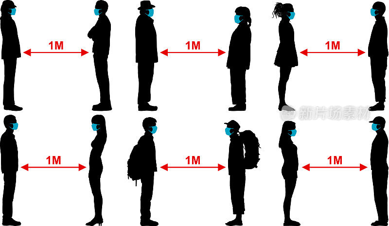社交距离和面具剪影