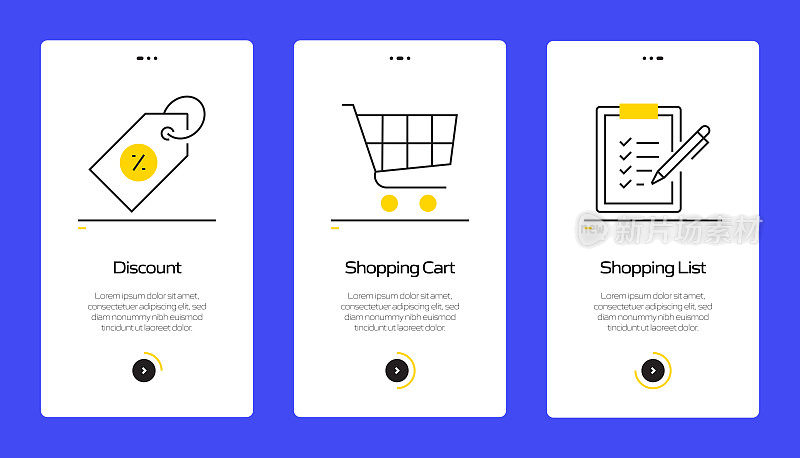 购物和零售概念上的移动应用程序页面屏幕与平面图标。用户体验，用户界面设计模板矢量插图