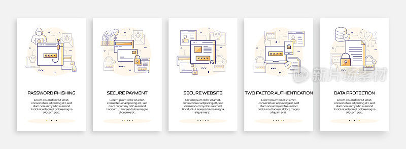数据安全和网络安全概念的移动应用程序页面屏幕与平面图标。用户体验，用户界面设计模板矢量插图