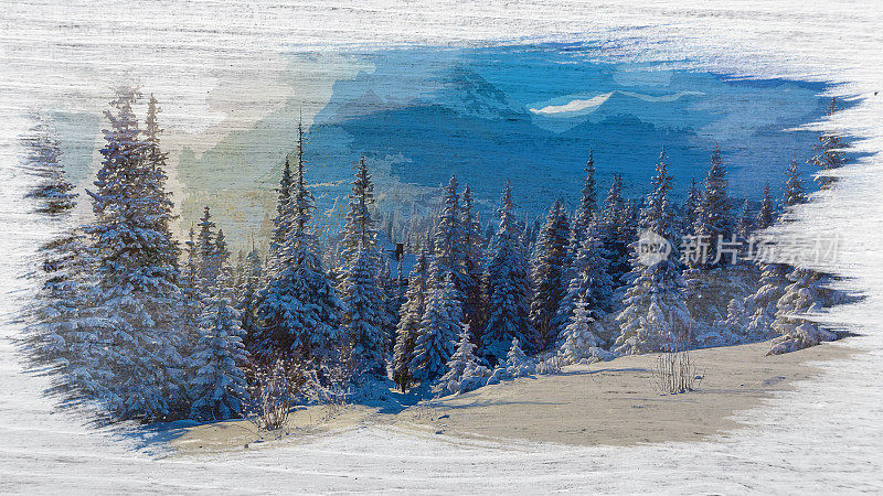 波兰塔特拉斯山脉的冬天，水彩画