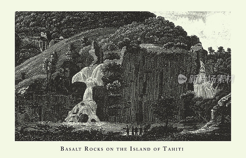 雕刻古董，大溪地岛上的玄武岩，森林，湖泊，洞穴和不寻常的岩层雕刻古董插图，出版于1851年