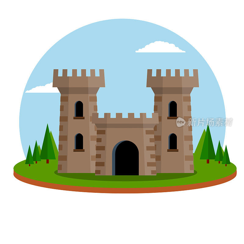有塔和墙的城堡。国防建设。中世纪的欧洲建筑。骑士和国王的家。保护和安全。应用和游戏的平面图标